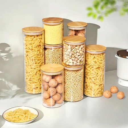 Justlet 25oz Glass Food Storage Jars for Nuts, Pasta, Flour With Airtight Bamboo Lids Set of 6, Glass Canisters for Kitchen &amp; Pantry.