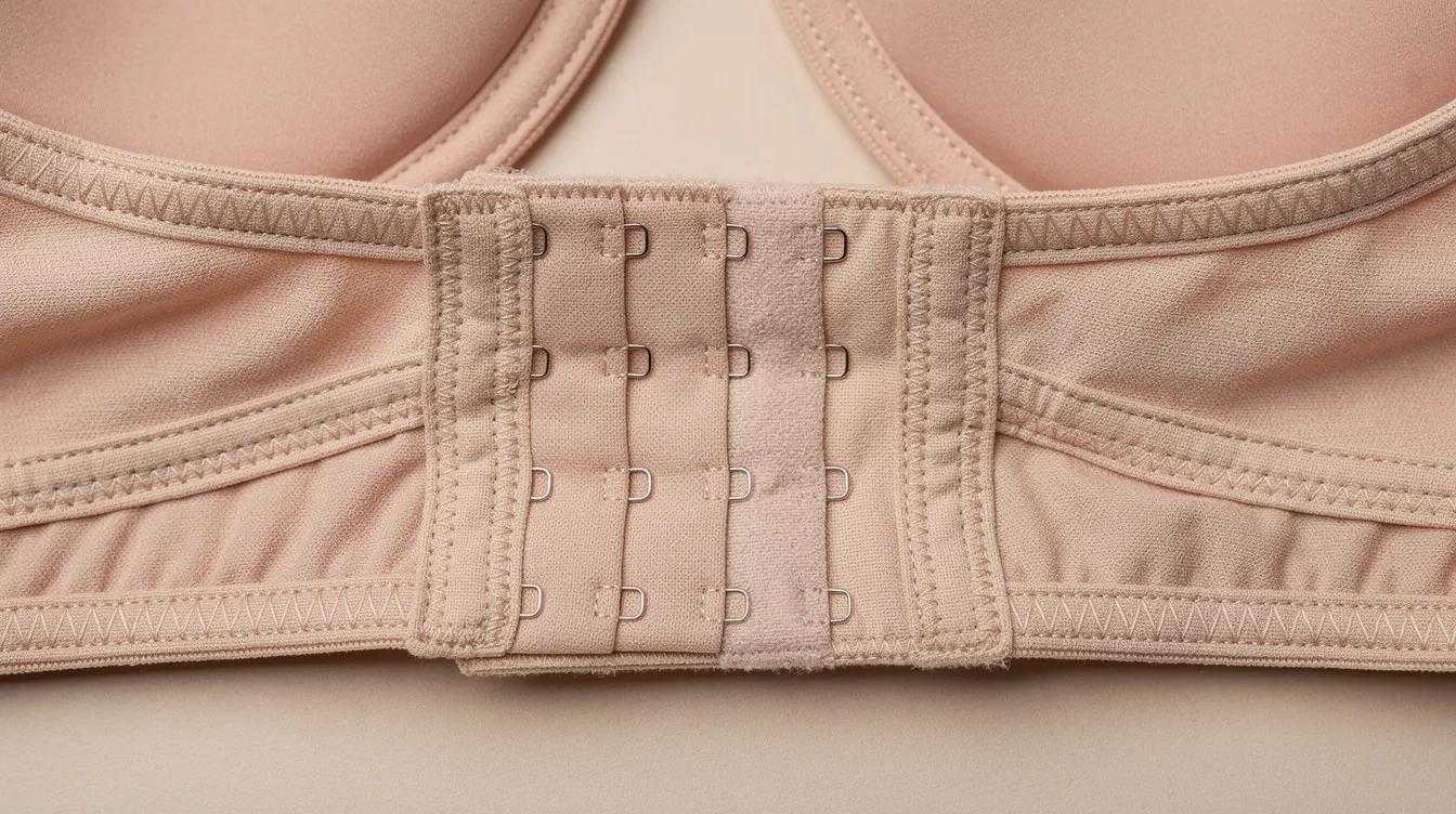 The image features a close-up view of a bra's intricate construction, highlighting reinforced seams and multiple hook closures, which are essential for a properly fitted bra. This detailed look emphasizes the importance of correct band and cup sizes for optimal support and comfort.