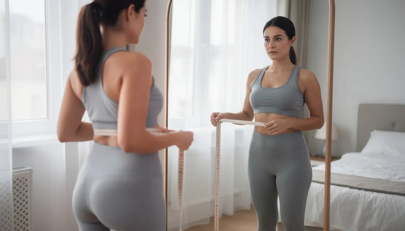 A woman stands in front of a mirror, using a soft measuring tape around her torso to determine her bust measurement for finding the perfect bra size. She appears focused, ensuring that the tape is positioned correctly to help avoid common mistakes in determining her cup size and band size.