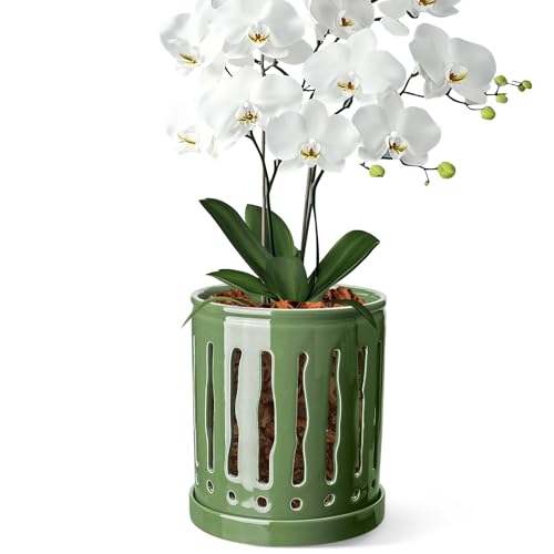 Buymax 6 Inch Ceramic Orchid Pot With Large Slotted Holes, Planter for Enhanced Air Circulation, Drainage Tray, Patina