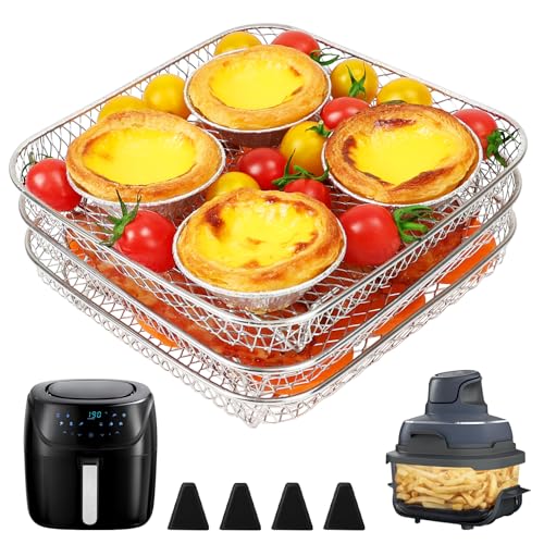 Bykitchen 7 Inch Air Fryer Rack Fit for Ninja Crispi/ninja Pro 5qt/ Cosori 5qt/ Chefman 5-6qt Airfryer &amp;more, Air Fryer Accessories, 3pcs Stackable Stainless Steel Airfryer Basket With Silicon Feet