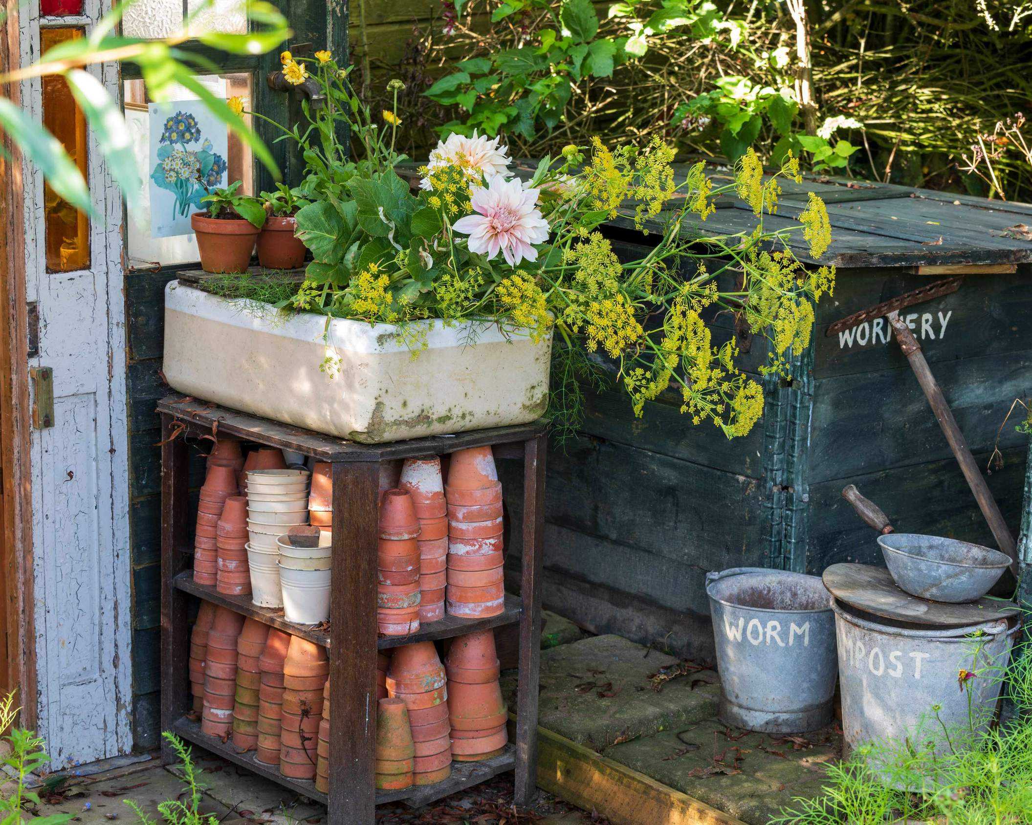 wormery for compost beside garden shed and planted sink