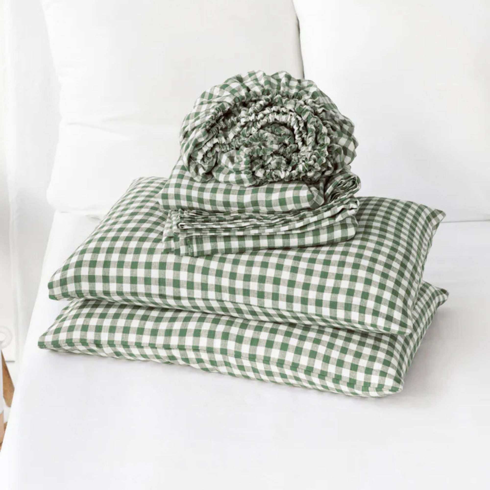 Forest Green Gingham Linen Sheet Set on a white bed.