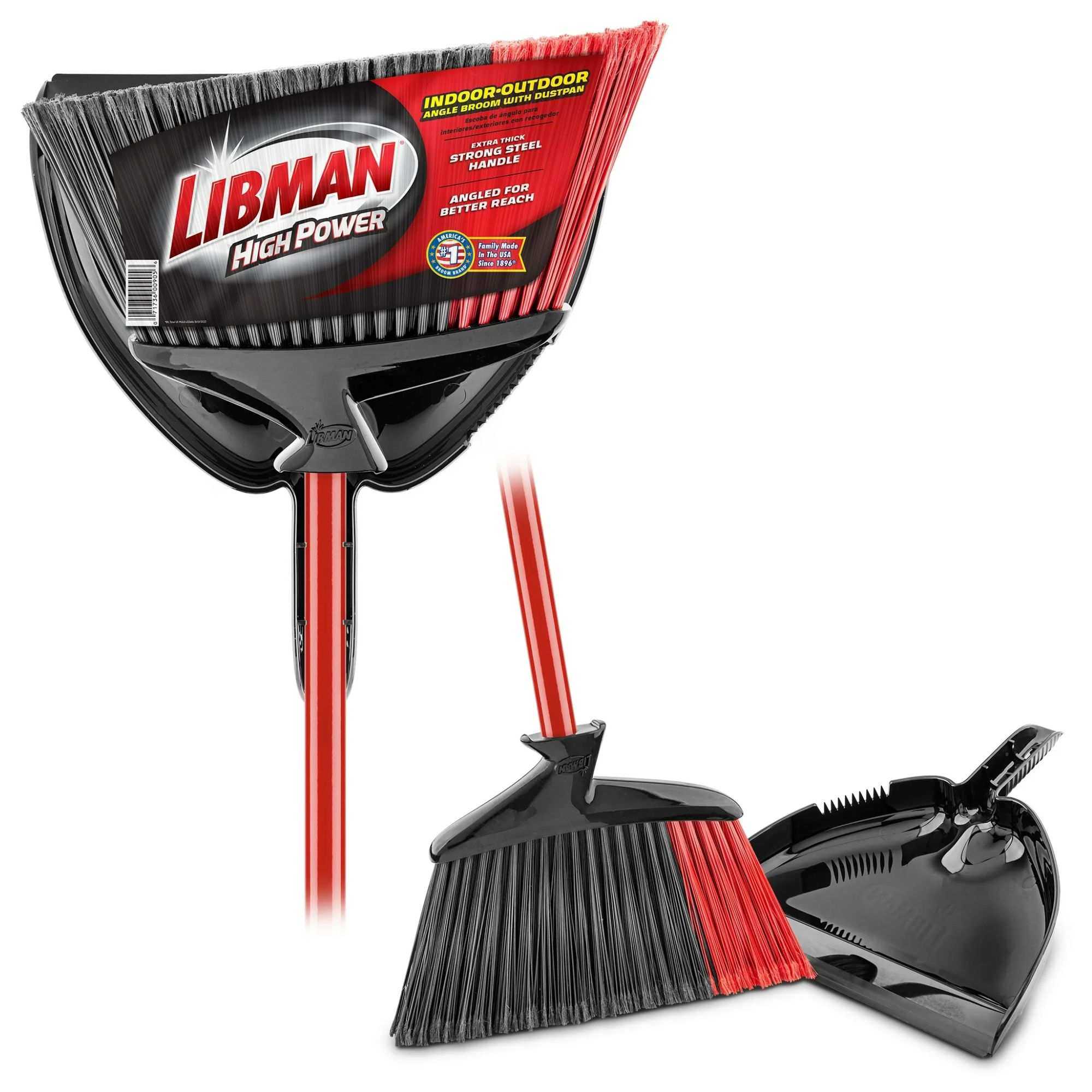 A black and red dustpan and brush