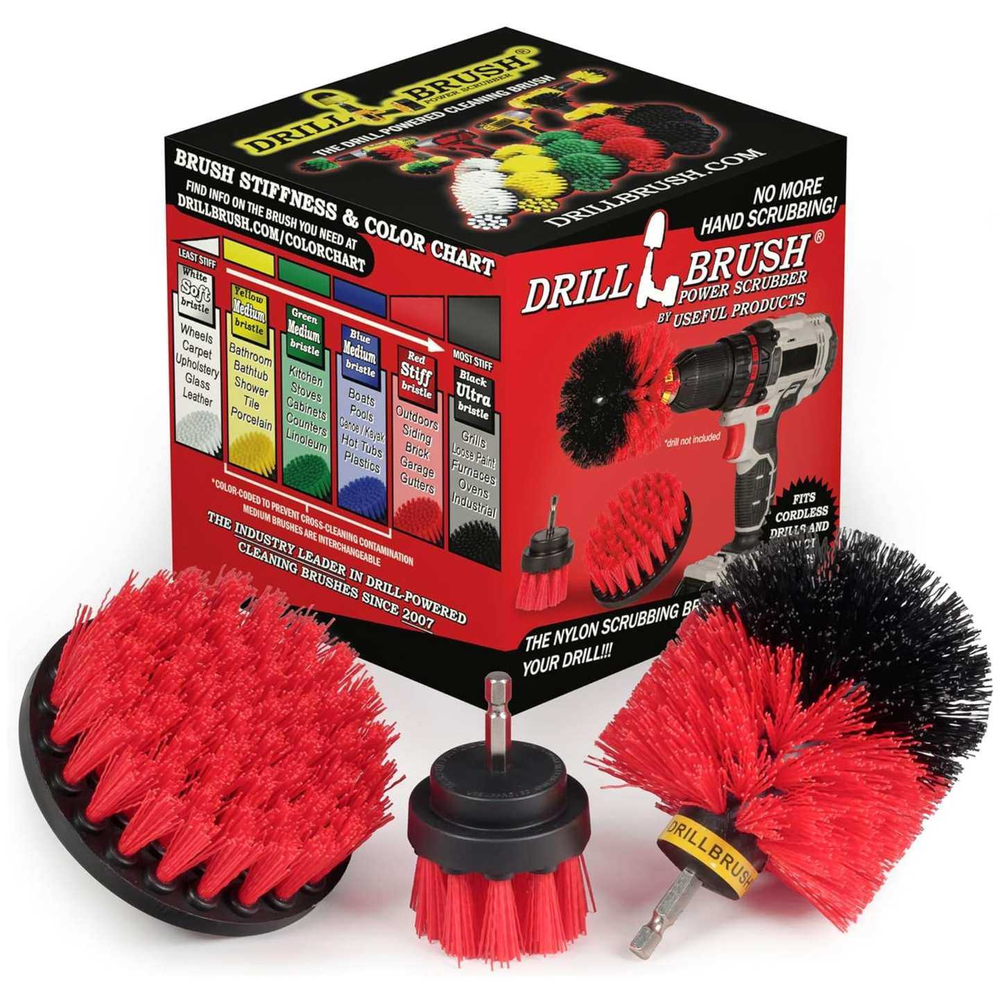 Three red and black drill brush cleaning attachments next to their red and black cardboard packaging box