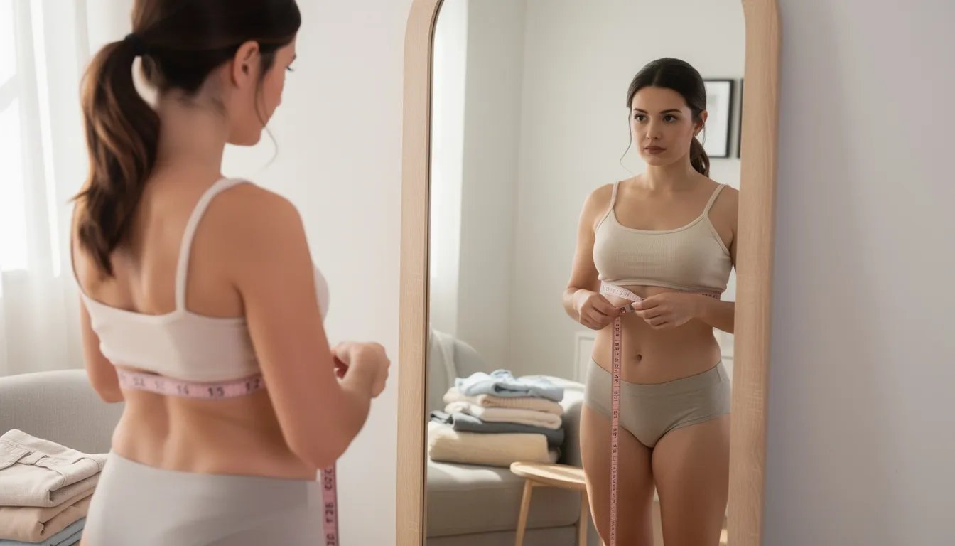 A woman stands in front of a mirror using a measuring tape to measure her underbust, focusing on finding her correct bra size. She appears attentive to her measurements, which are essential for selecting the best fitting bra that offers proper support and comfort.