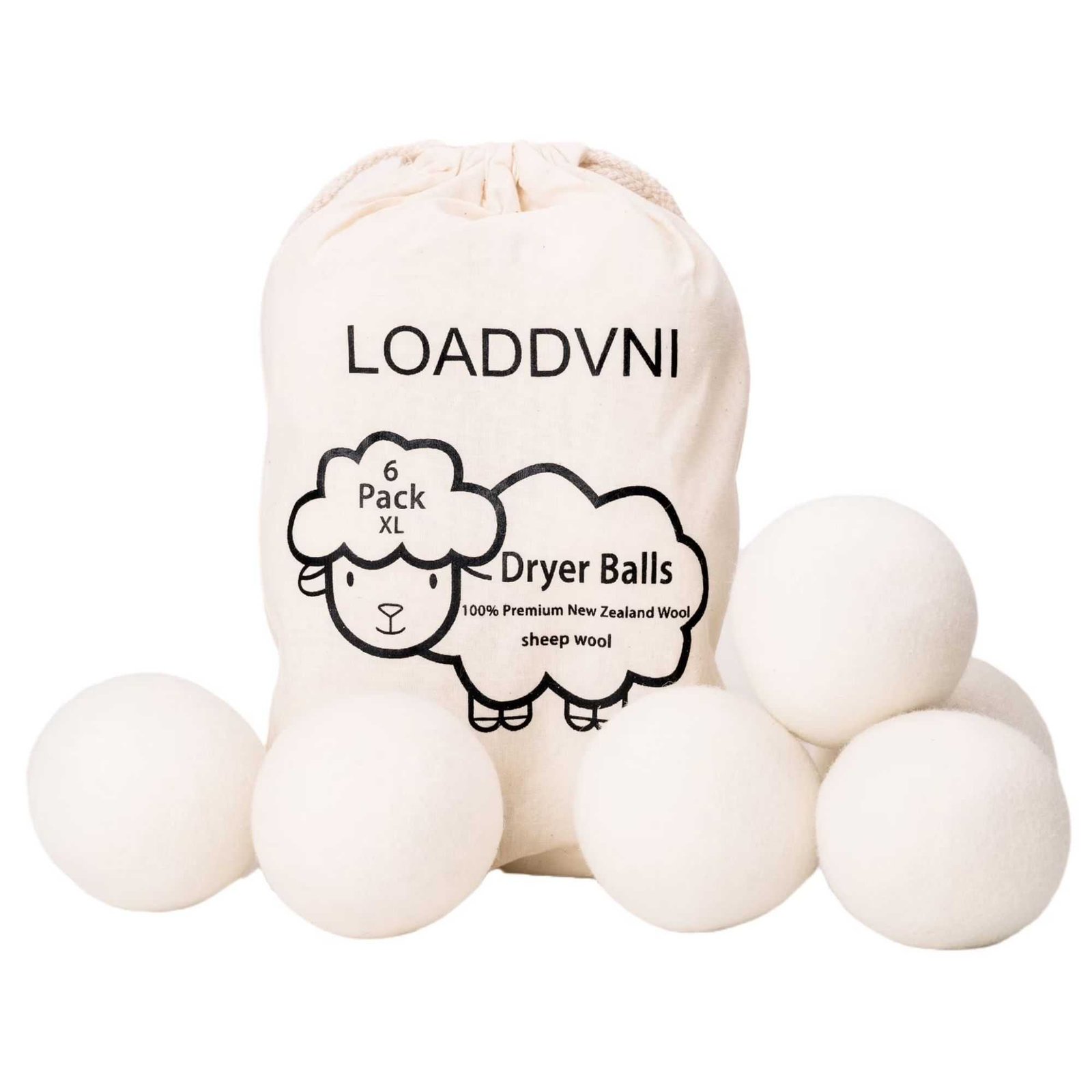 White dryer balls with a white drawstring bag with a black graphic of a sheep and black text.