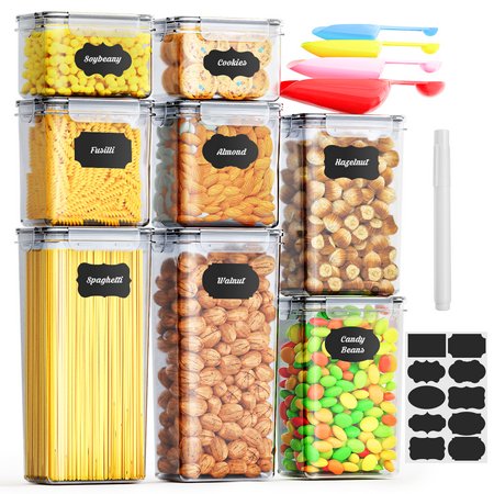 Gped 8pcs Airtight Food Storage Containers Set With Lids, Bpa Free Kitchen and Pantry Organization, Plastic Leak-Proof Canisters for Cereal Flour &amp; Sugar - Spoon Set, Labels &amp; Marker