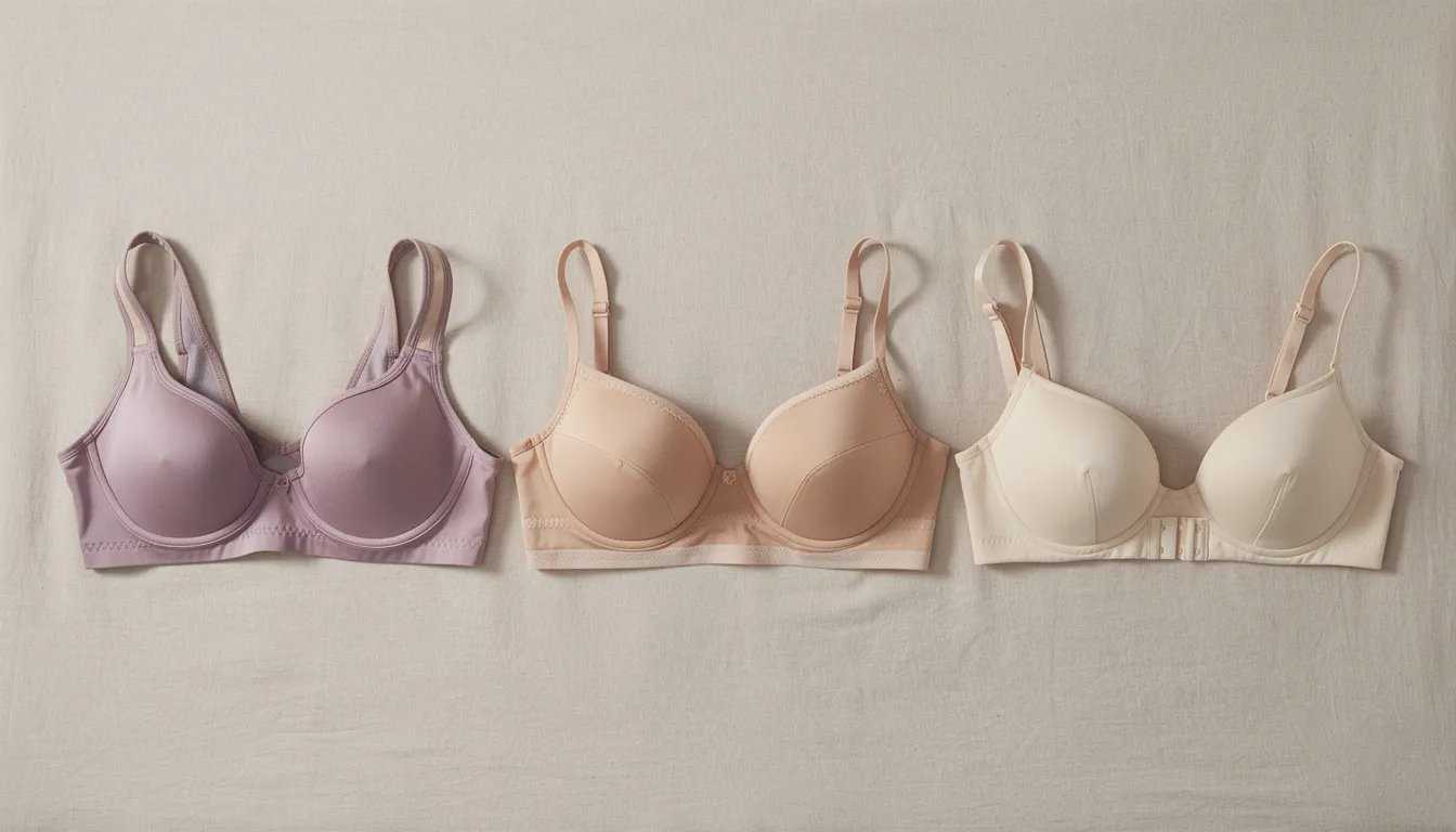 The image displays a variety of bra styles, including sports bras and full coverage bras, neatly arranged on a soft fabric background. This assortment highlights different cup sizes and band sizes, showcasing options for achieving the perfect bra fit for various breast shapes and sizes.