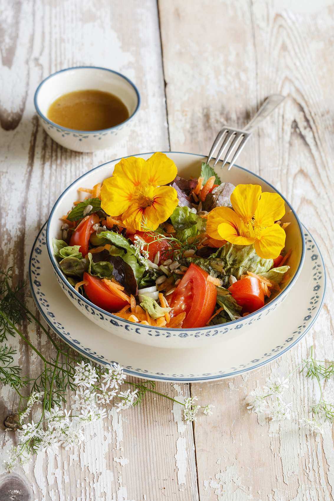 Nasturtium flowers in a salad