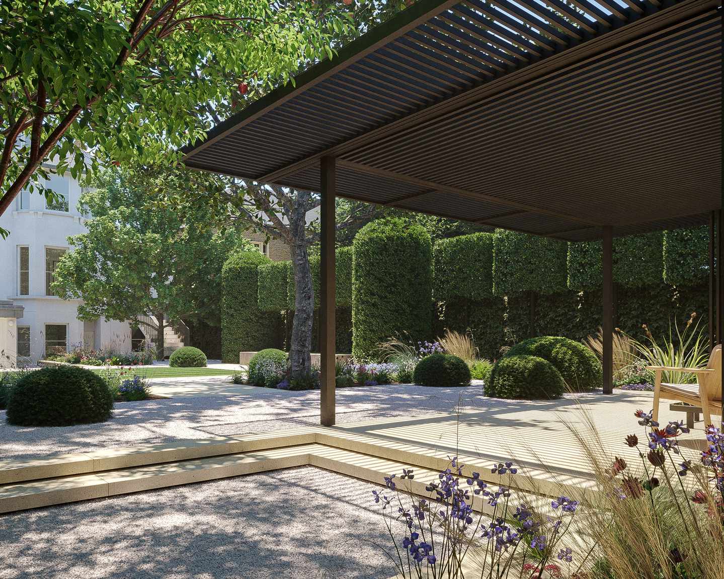 large metal pergola designed in a london townhouse garden by Matt Keightley and Rosebank Landscaping