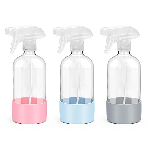 Rionisor Glass Spray Bottles With Silicone Sleeve Protection, Empty 16 Oz Refillable Containers, Reusable Spray Bottles With Adjustable Nozzle for Hair, Cleaning Solutions, 3 Pack Grey&amp;blue&amp;pink