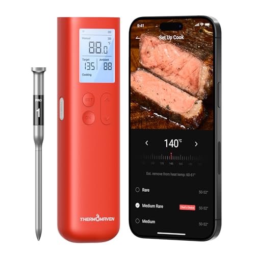 Thermomaven Smart Bluetooth Wireless Meat Thermometer, 10x Enhanced Sub-1g Signal and Stability, Standalone Display Base, Certified Accuracy &plusmn;0.5&deg;f, Wifi Unlimited Range for Bbq, Oven, Smoker, Grill