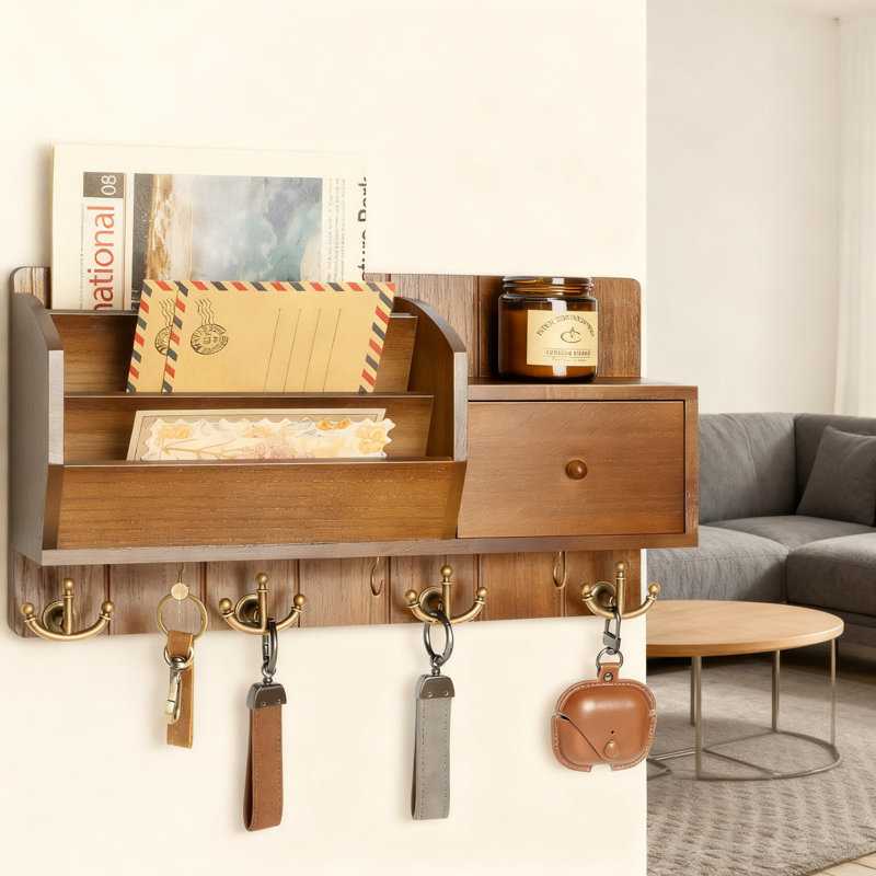 Ophelia &amp; Co. Wall Mount Key Holder With Mail Organizer, Drawer and Multiple Hooks, Space Saving Entryway Organizer for Home Decor and Wall Organization | Wayfair