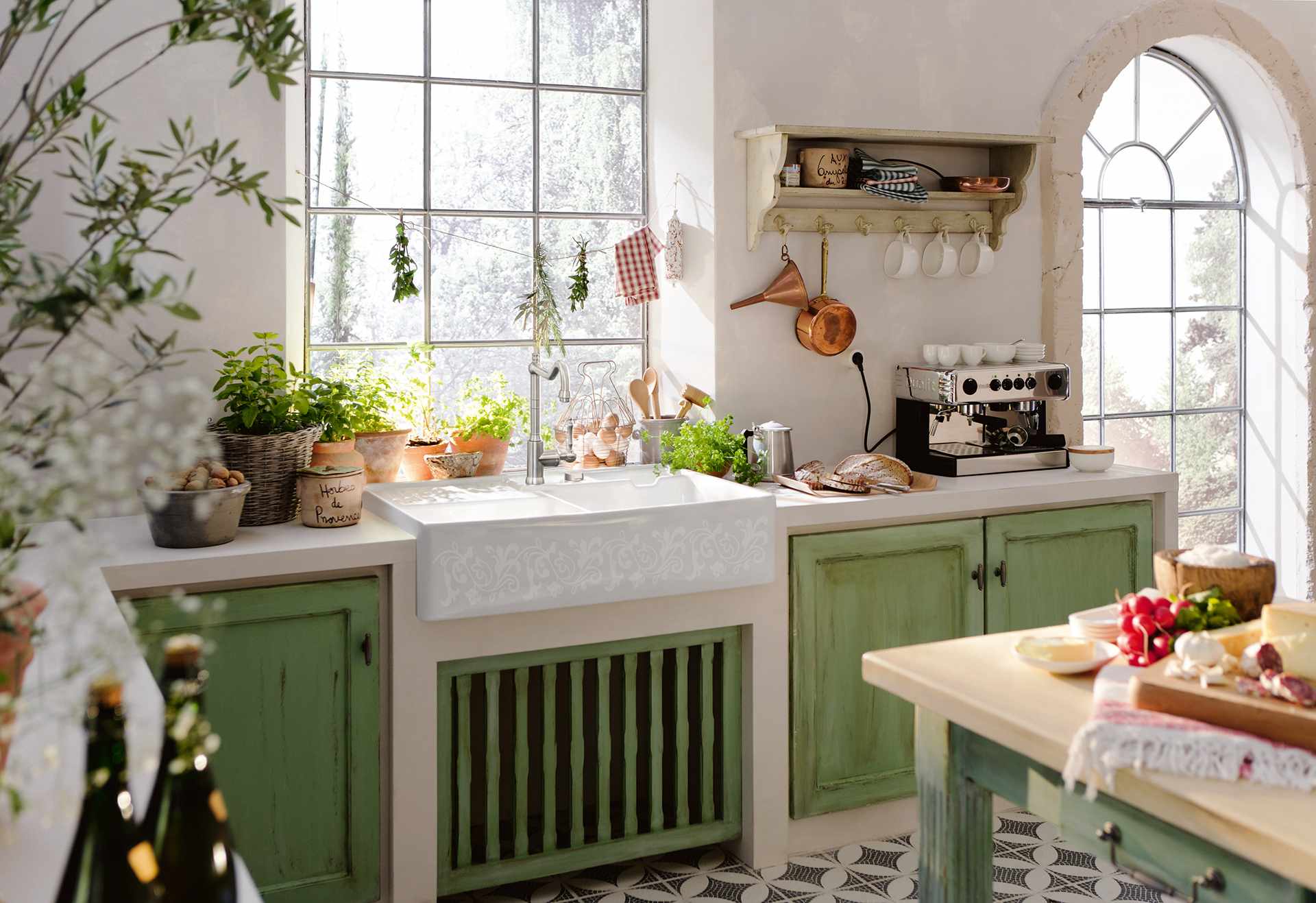 Villeroy and boch butler's sink in green country kitchen