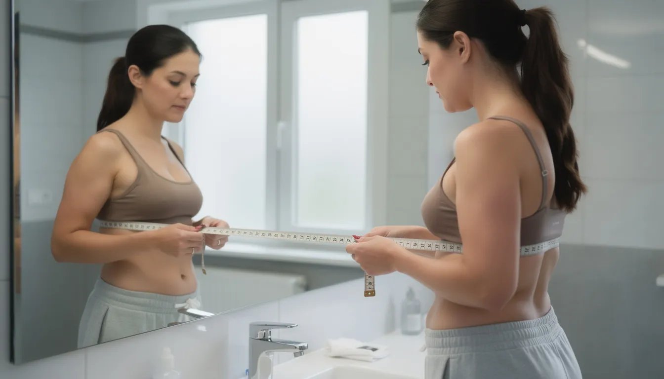 A woman stands in front of a mirror, using a soft measuring tape to take a ribcage measurement, likely assessing her bust size for future breast augmentation. The focus on her careful measurement suggests she is considering options for achieving her ideal breast size, possibly looking into C cup breast implants.