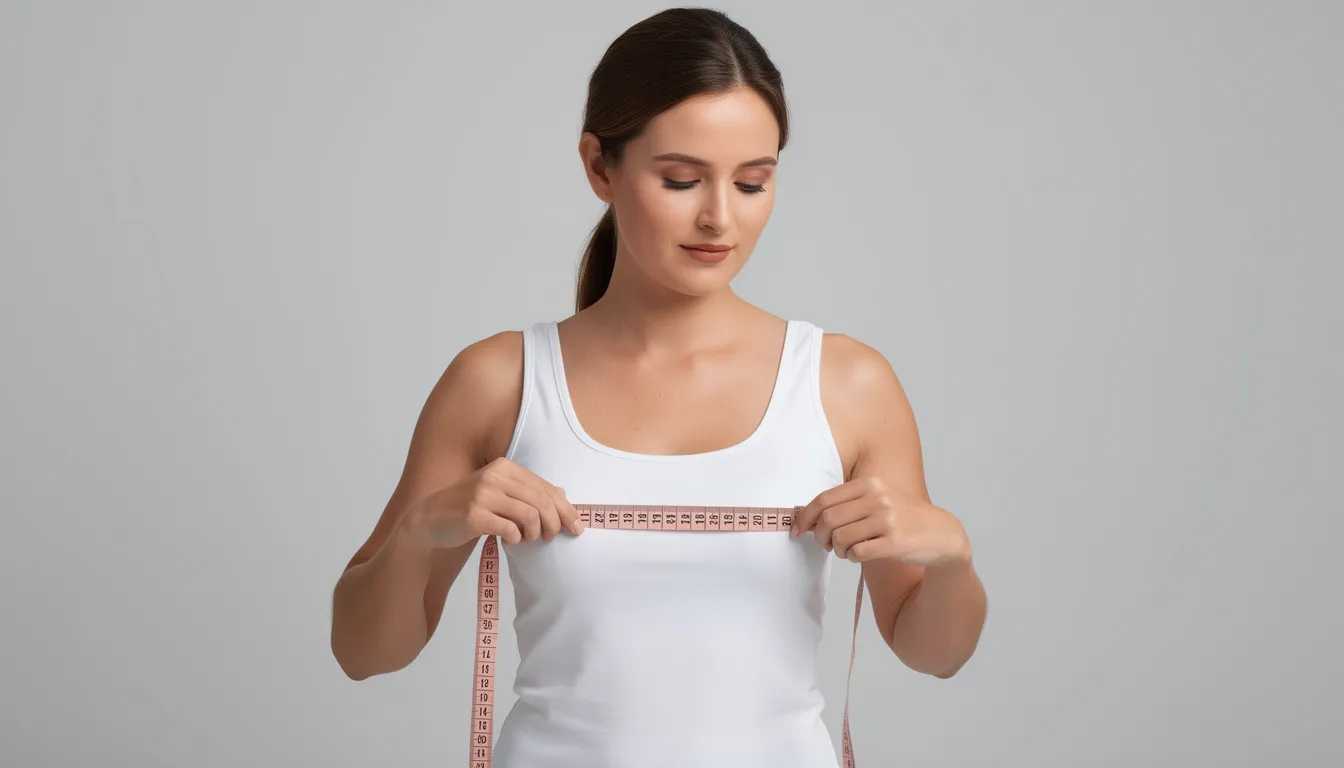 A woman is using a soft measuring tape to measure her bust, focusing on determining her correct bra size for optimal support and comfort. The image emphasizes the importance of accurate measurements for finding the right cup size and fit, which can help alleviate issues like shoulder and back pain.