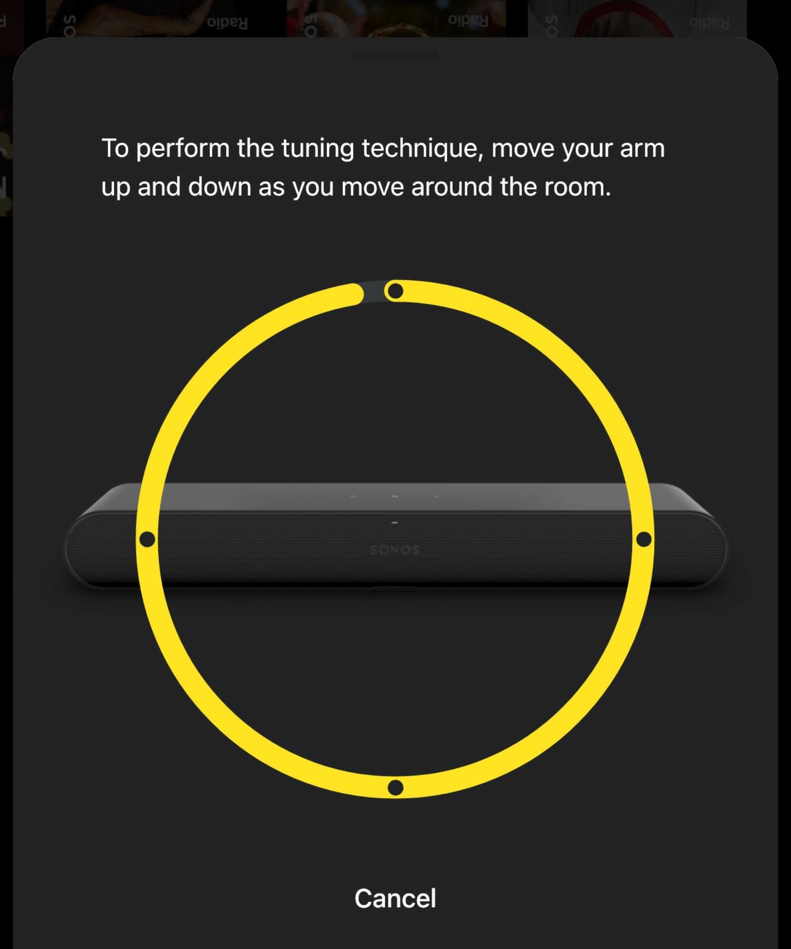 Screenshot of the Sonos app setting up Trueplay for the Sonos Ray soundbar, showing instructions involving moving arm up and down while moving around the room.