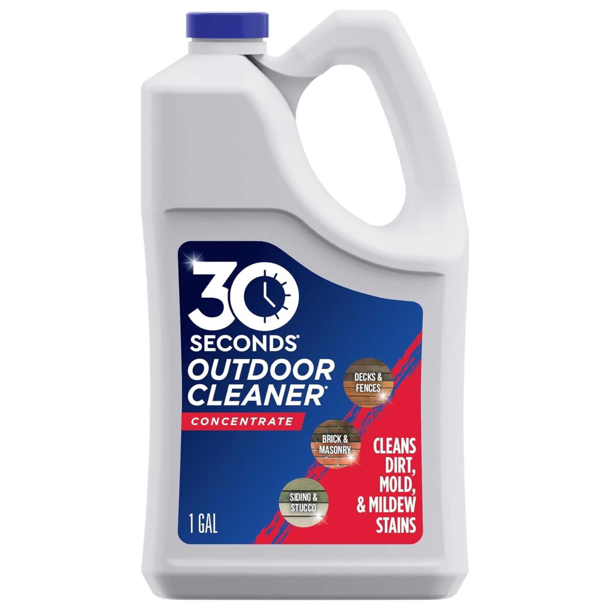 A side on view of a white bottle of outdoor cleaner with a blue cap and red and blue label