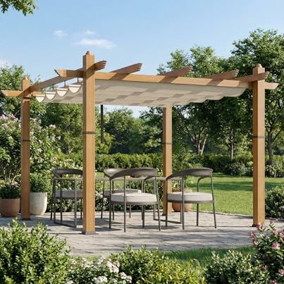 Garveetech 10x10 Ft Pergola Gazebo With Adjustable Canopy, Heavy-Duty Aluminum Sun Shelter With Faux Wood Finish for Outdoor Patio, Deck &amp; Garden