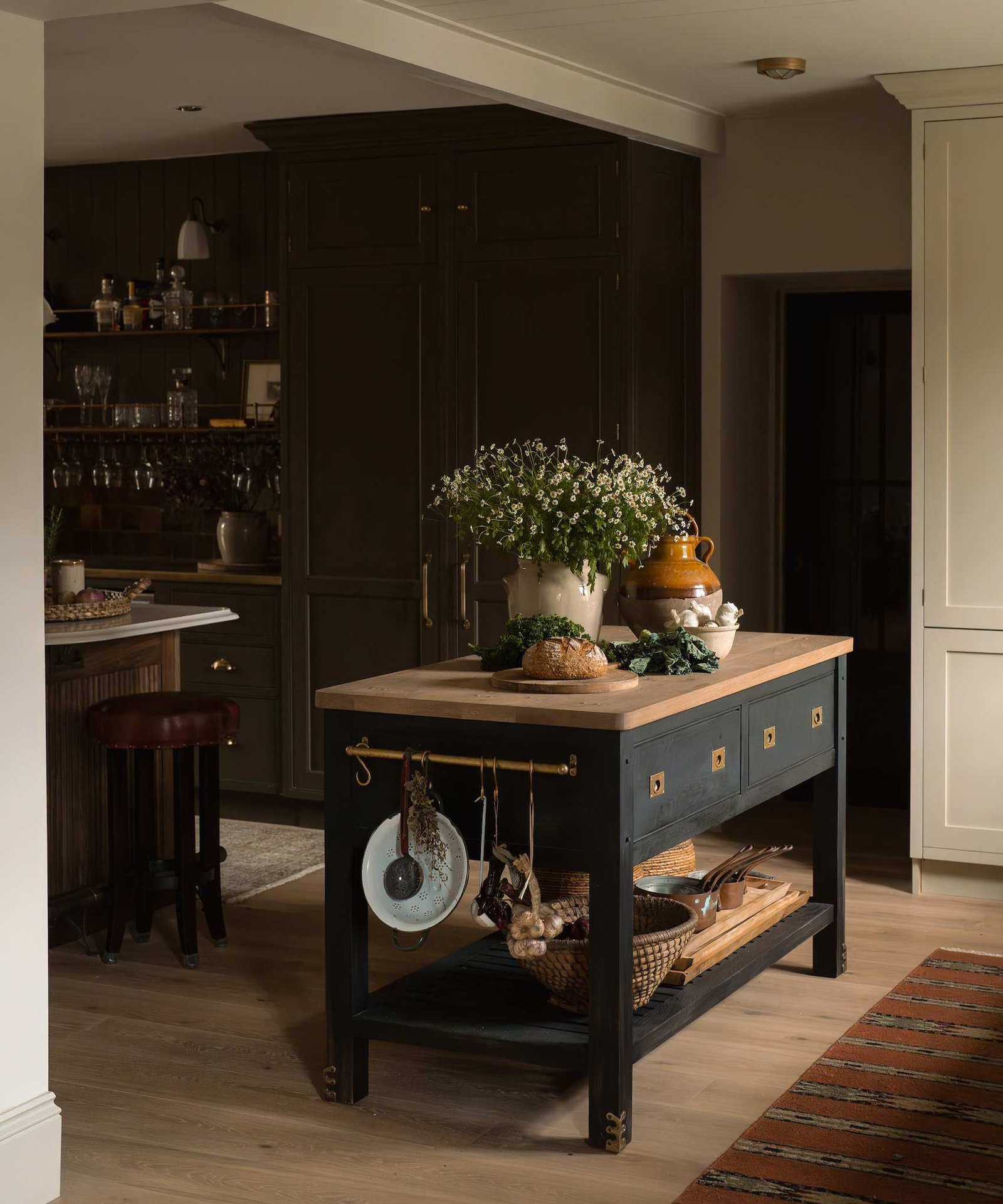 kitchen with a butchers block style island
