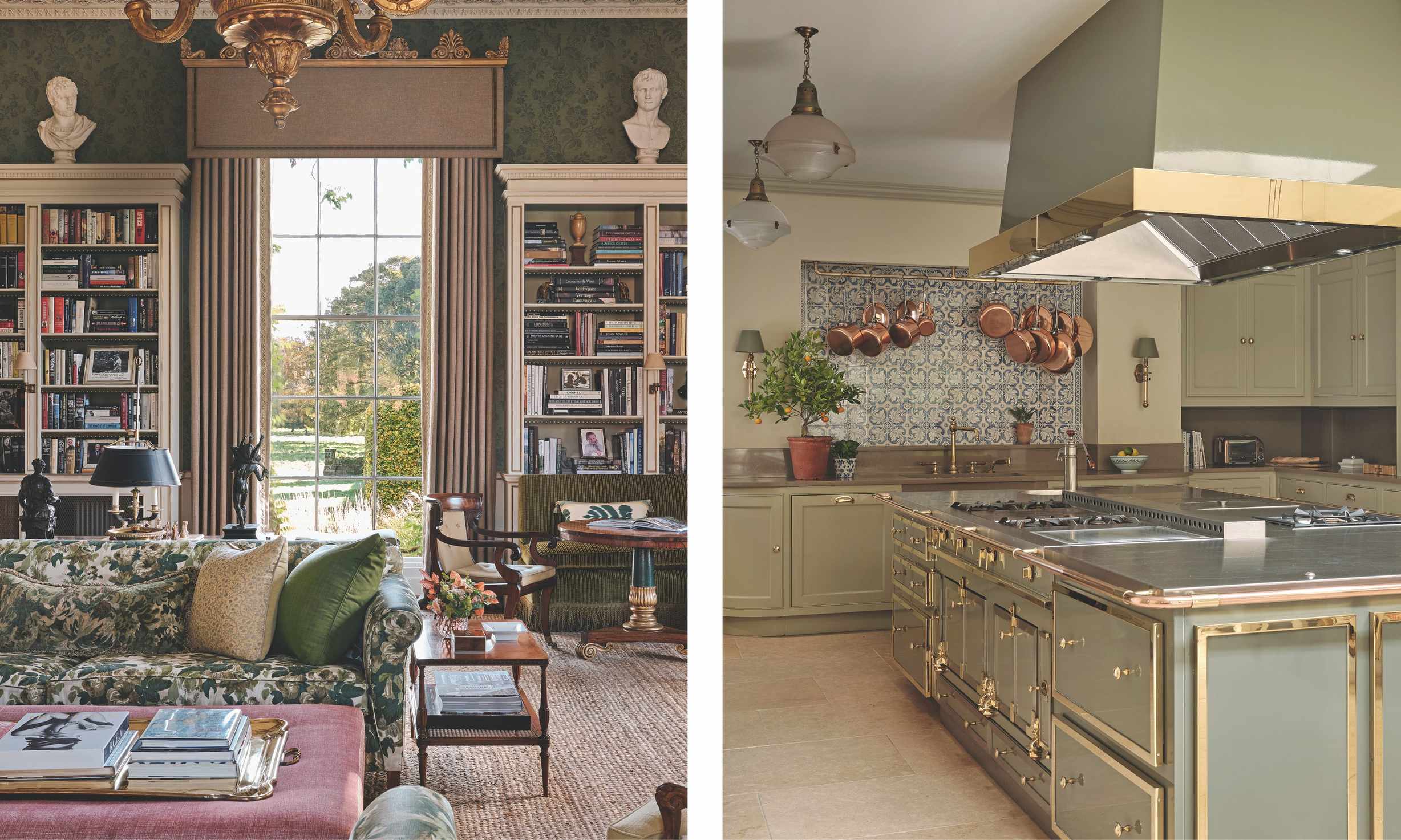 (Left) A cozy library featuring built-in bookshelves, a green floral sofa, and a large window looking out to a park; (Right) A spacious kitchen with sage green cabinetry, a large island with brass accents, and a blue tiled backsplash with hanging copper pots.
