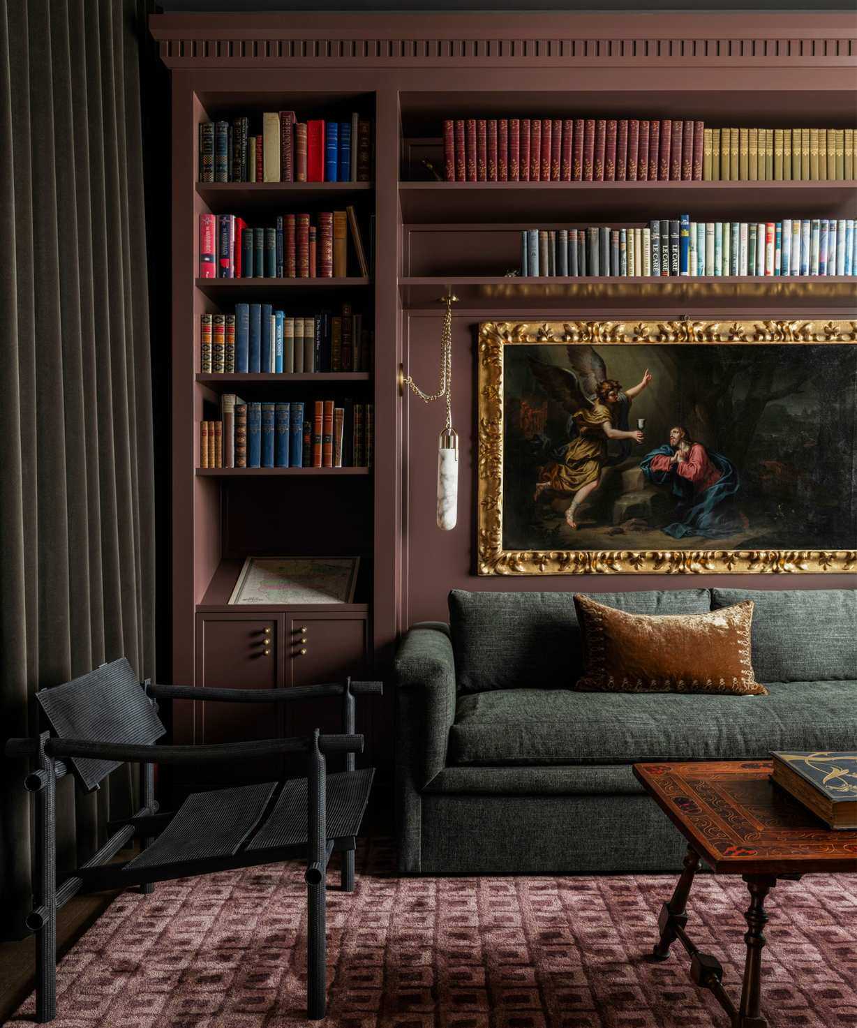 Brown small living room library painted in Benjamin Moore Hasbrouck Brown