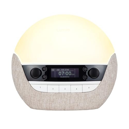 Lumie Bodyclock Luxe 700fm SAD lamp and alarm clock against white background.