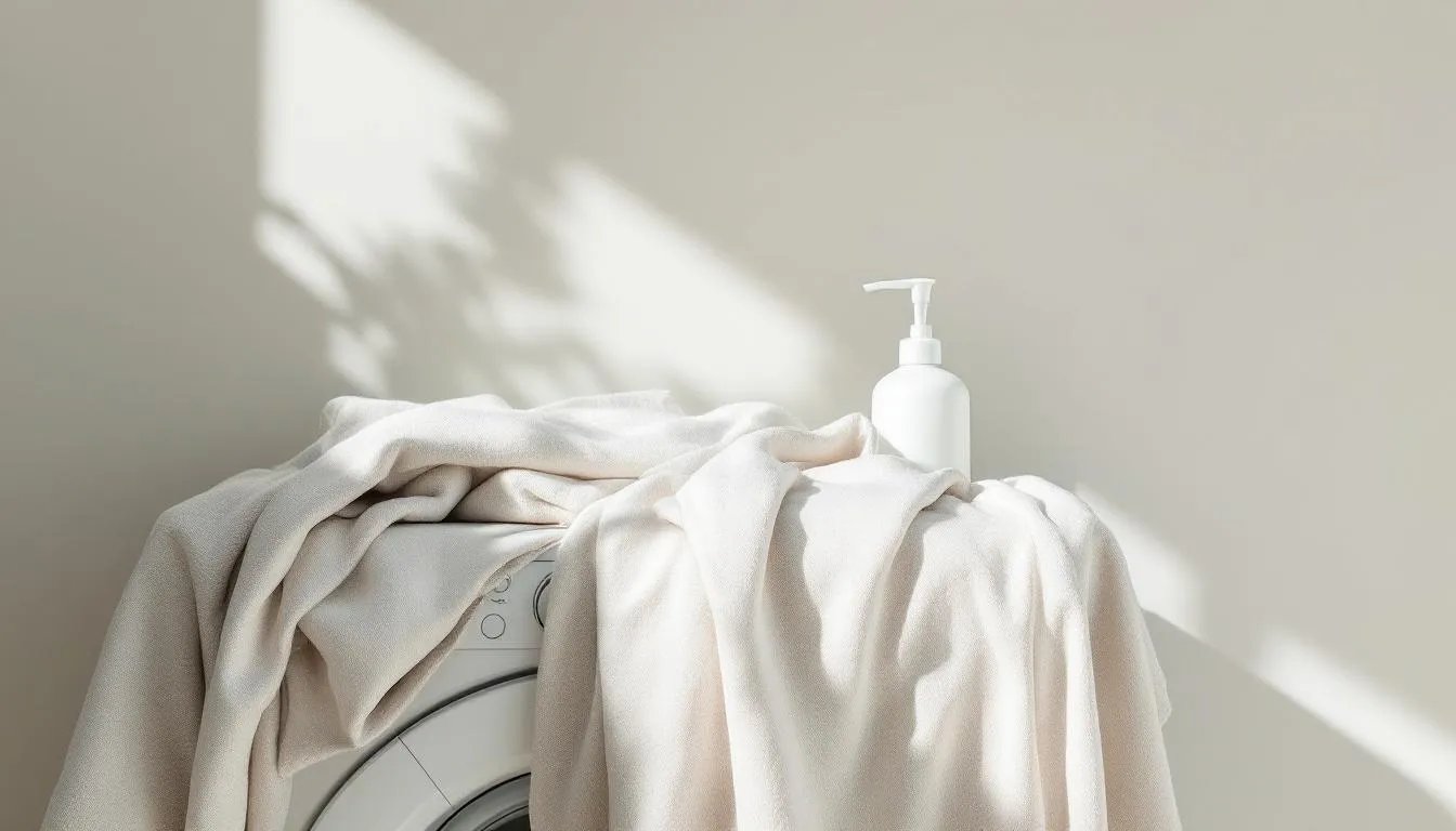 A washing machine filled with clothes and a fabric softener dispenser.