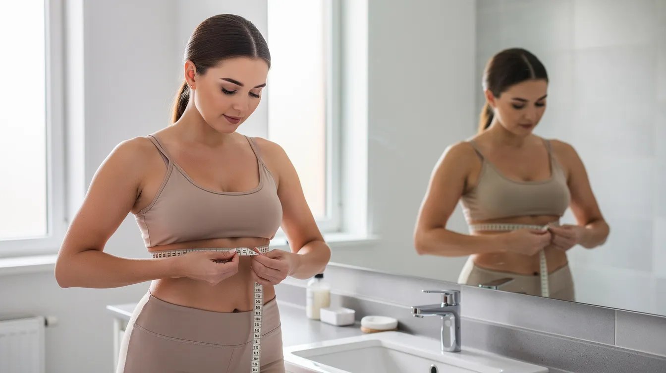 A woman is standing straight in front of a mirror, using a soft measuring tape around her torso to measure her bust size for accurate bra sizing. This careful measurement helps ensure a properly fitted bra that fits snugly without causing discomfort.