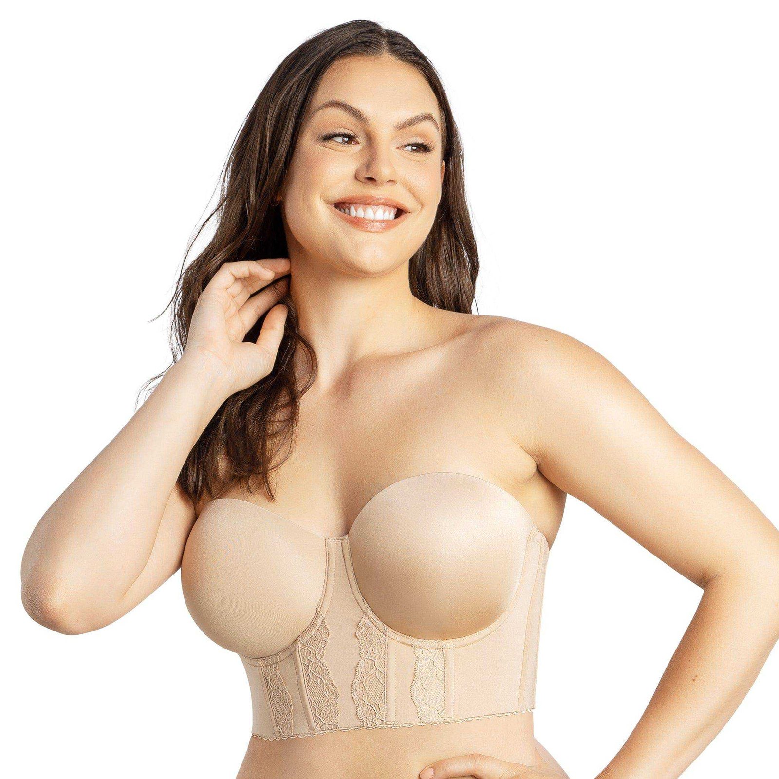model wearing a longline bustier strapless bra