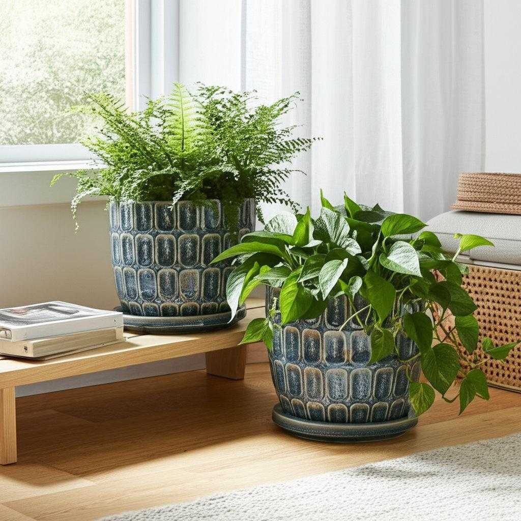 Winston Porter Stoneware and Ceramic Saucer Planters With Embossed Geometric Texture, Modern Decorative Design, Stylish Round Form, Versatile Display Accent, Set of 2 &amp; Reviews | Wayfair