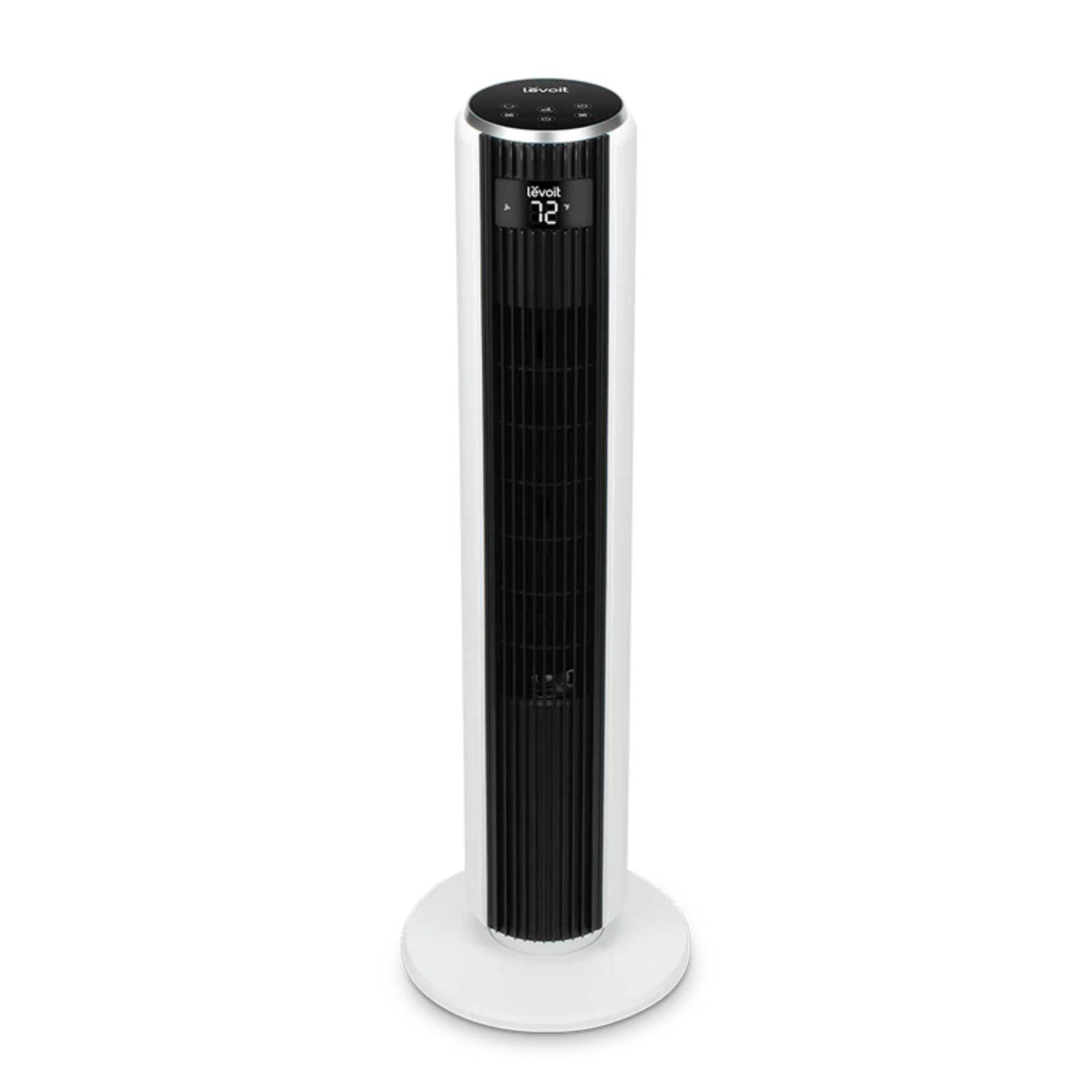 A white Levoit 36-Inch Tower Fan with black blades centrally on a white background