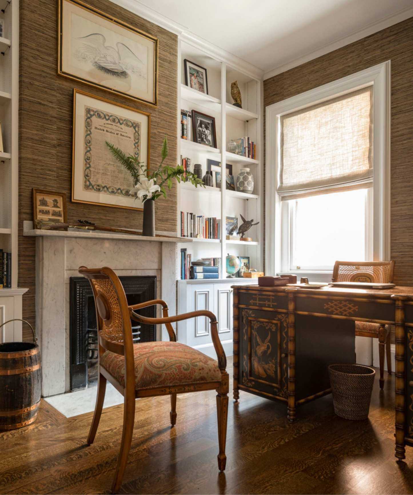 Wooden chair and office table, stone fireplace