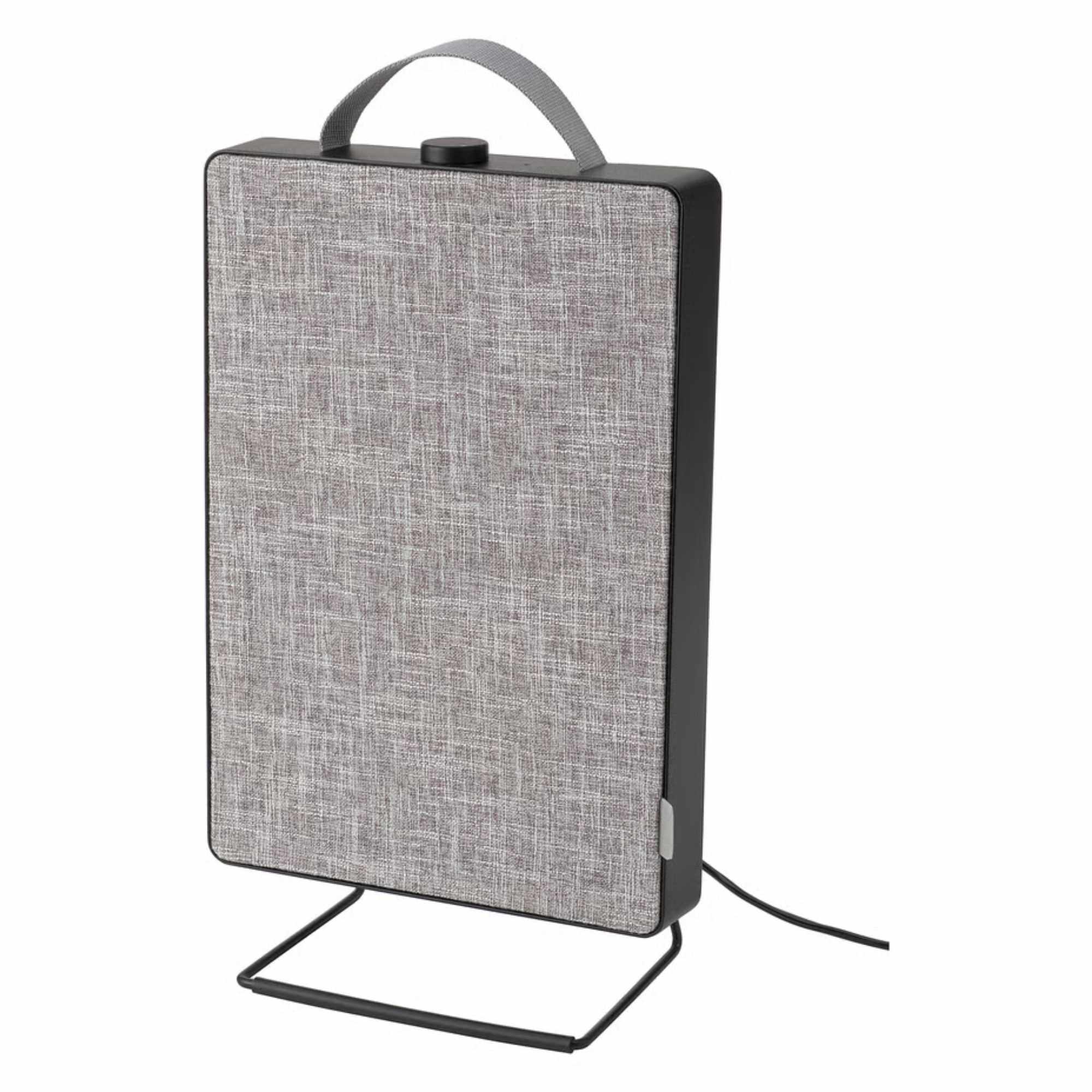 Black and grey IKEA air purifier on a stand