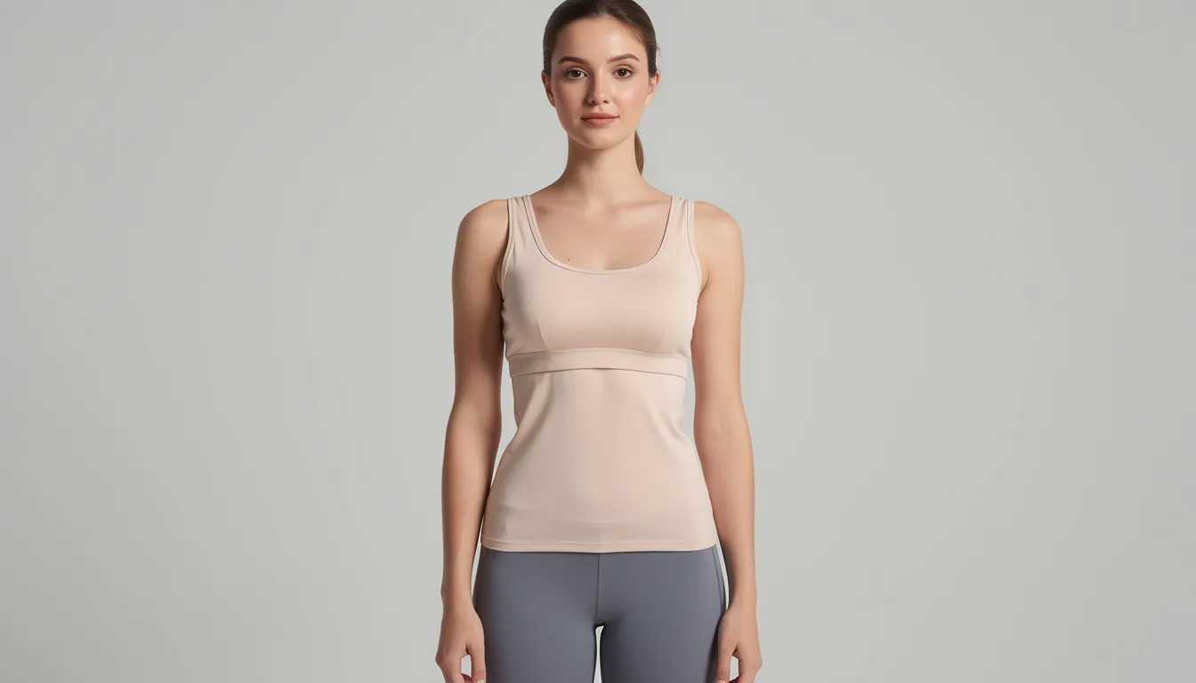 A woman stands straight with good posture, wearing a comfortable t-shirt bra that fits properly, highlighting her bust size. The bra's center panel sits snugly against her chest, demonstrating the importance of wearing the correct size for optimal support and comfort.