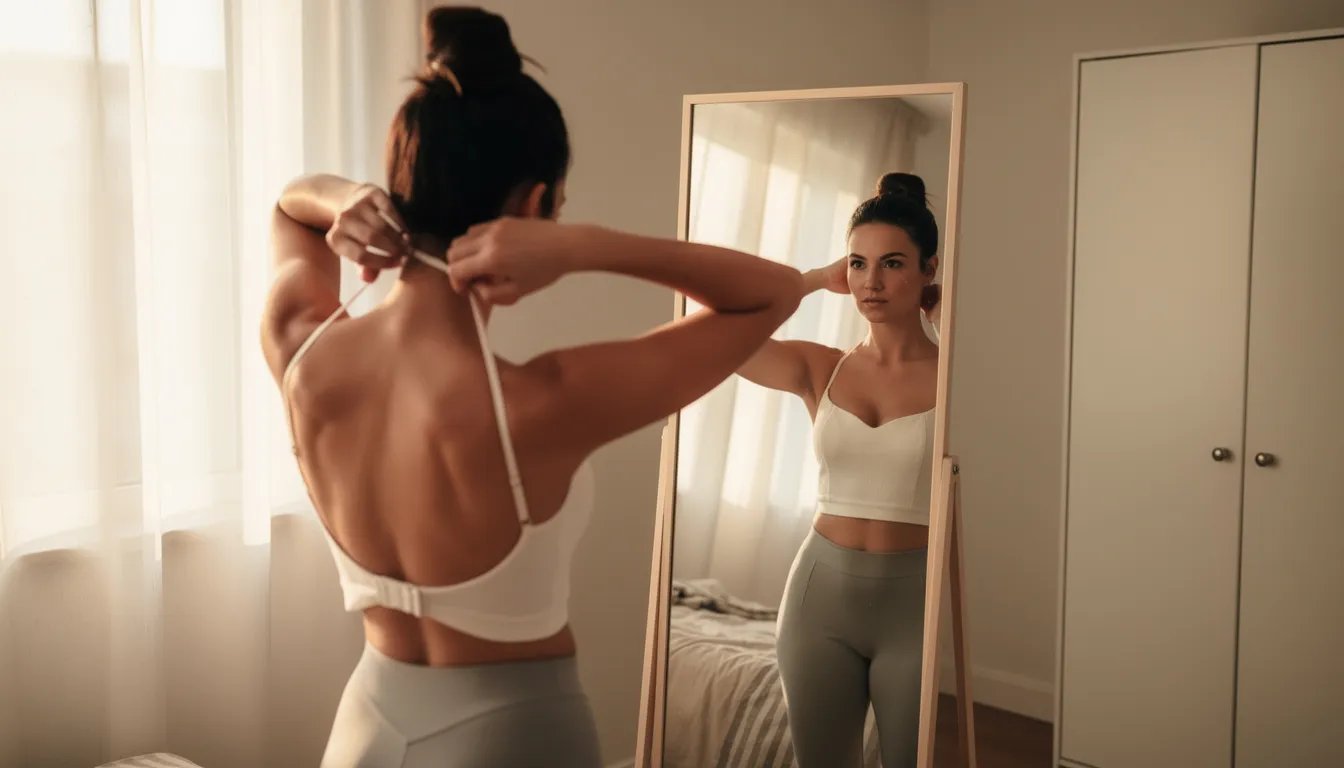 A woman is standing straight in front of a full-length mirror, adjusting her bra straps while checking the fit. She appears focused on ensuring her bra fits properly, highlighting the importance of selecting the correct cup size and band size for comfort and support.