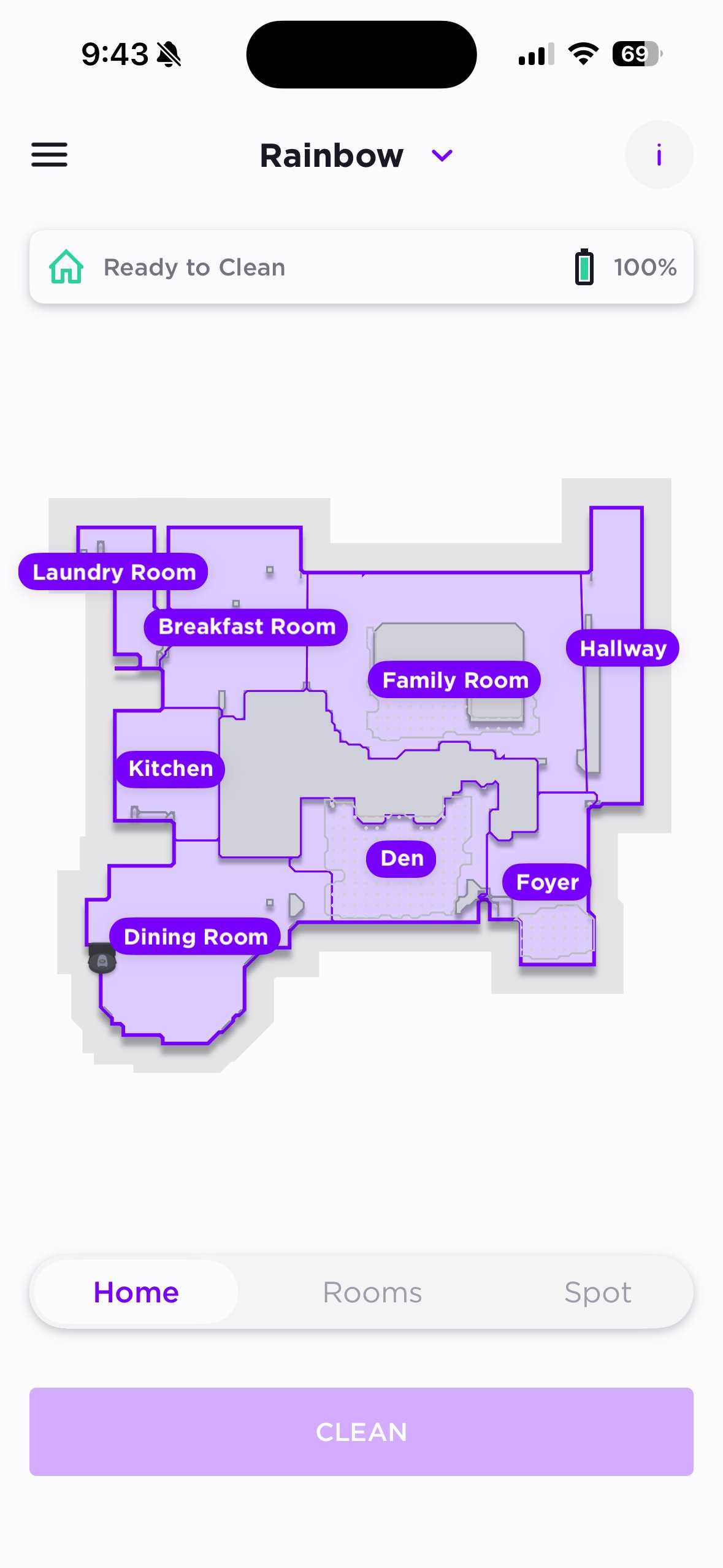 Screenshot of the Shark Clean app showing map layout of a home.