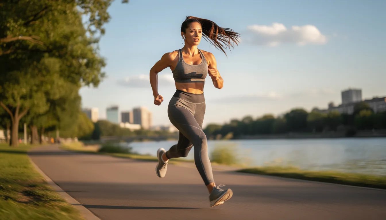 An athletic woman is jogging outdoors, wearing a supportive sports bra that accentuates her fit physique and c cup breasts. The scene captures her in motion, embodying strength and determination against a natural backdrop.
