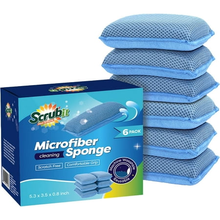 Scrubit Microfiber Sponge Heavy Duty Non Scratch Sponges for Utensils &amp; Kitchenware, 6-Pack