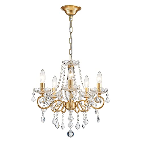 Anjiadengshi Mini Crystal Chandelier K9 Crystal Gold Chandelier for Living Room Bedroom Dining Room Kitchen Island Entryway 5 E12 Bulbs High 16.5 in X Diameter 16.9 In, Golden