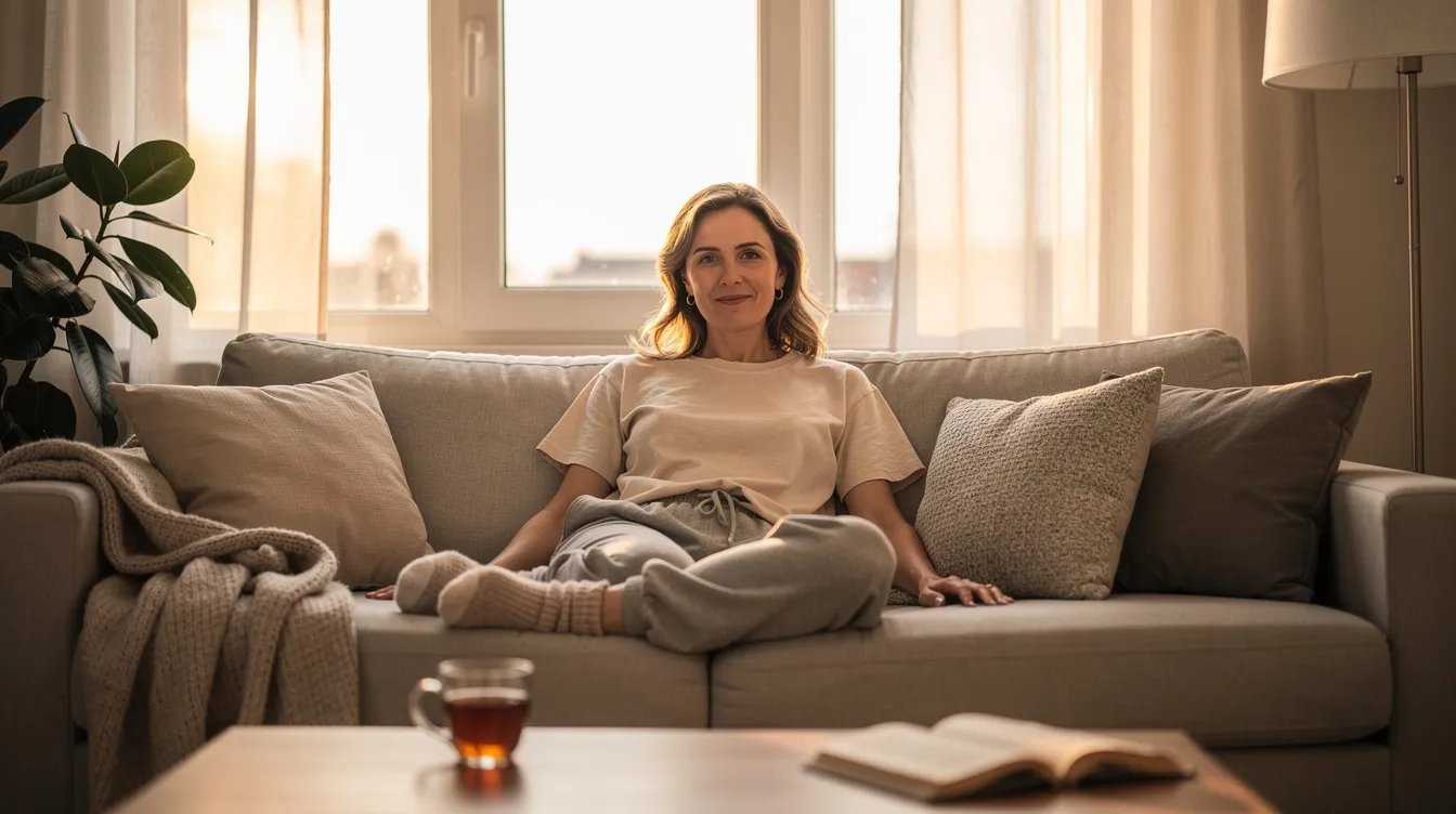A woman is lounging at home in comfortable casual clothing, wearing high-waisted tailored cotton brief panties that provide full coverage and a perfect fit. She exudes a sense of relaxation and comfort, surrounded by a cozy atmosphere.