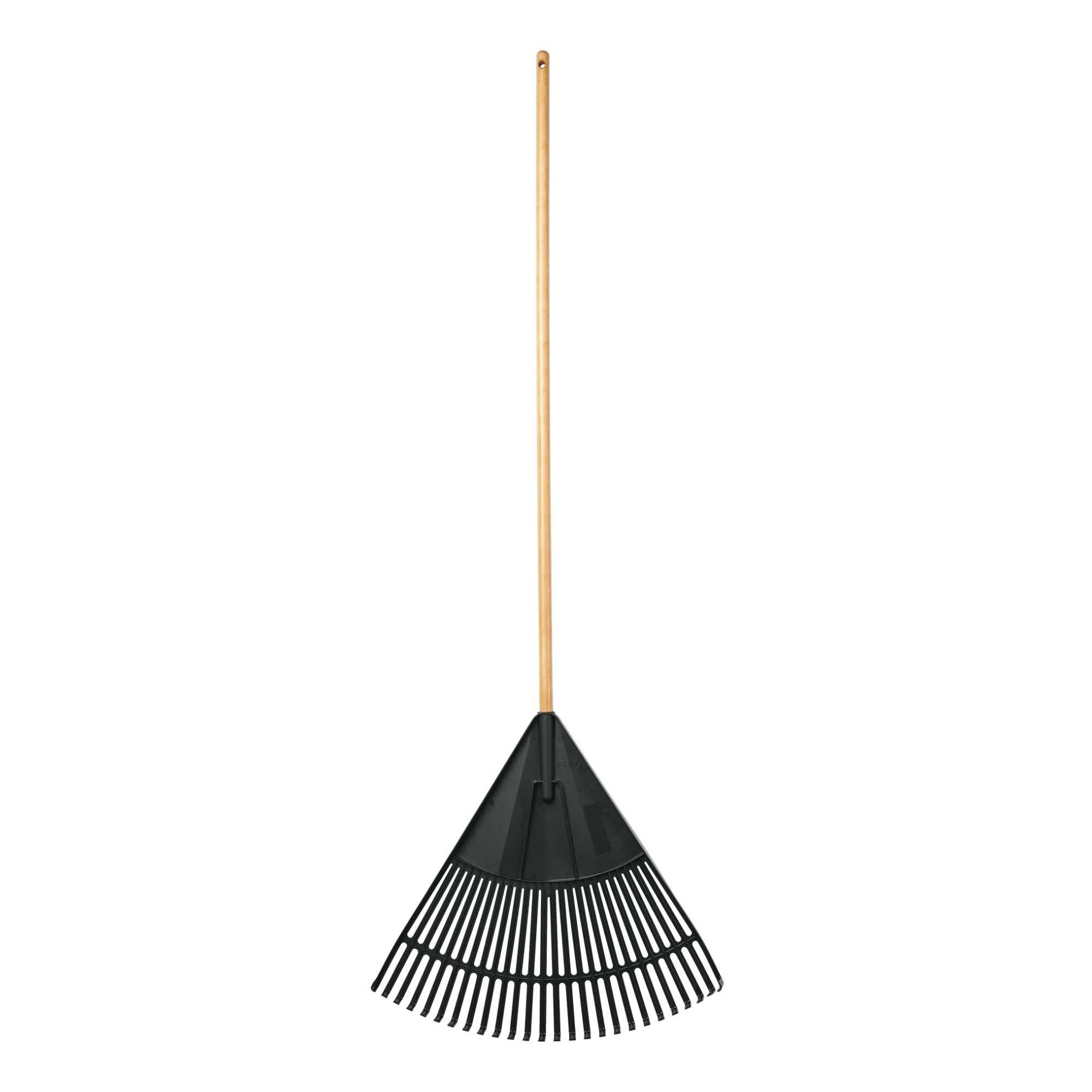 A black rake with a wooden handle