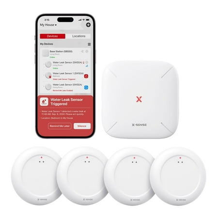 X-Sense Wi-Fi Water Leak Detector Kit, Smart Water Sensor With App Alerts, Ultra-Slim Water Alarm for Basement, Kitchen &amp; Bathroom, 4 Water Sensors + 1 Base Station, White