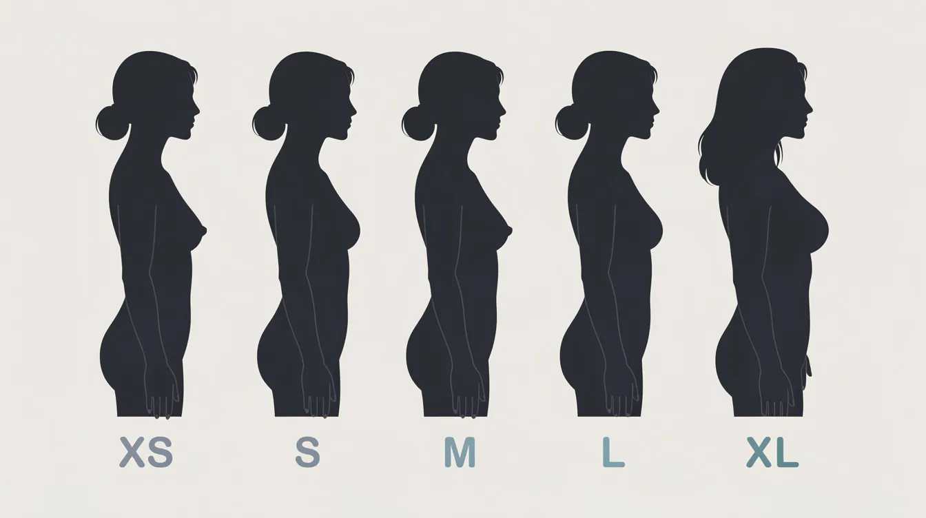 The image features a silhouette comparison of five female profiles in side view, illustrating the progression of bust projection from small to large, highlighting differences in cup size and bra size. This visual representation serves as an example for understanding how various breast shapes and sizes can impact the fit and support of a bra.