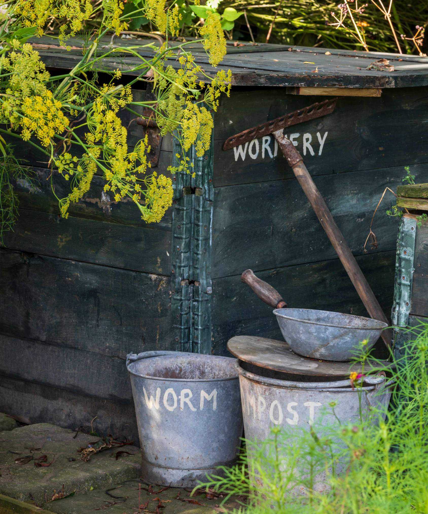 wormery used for compost beside metal buckets