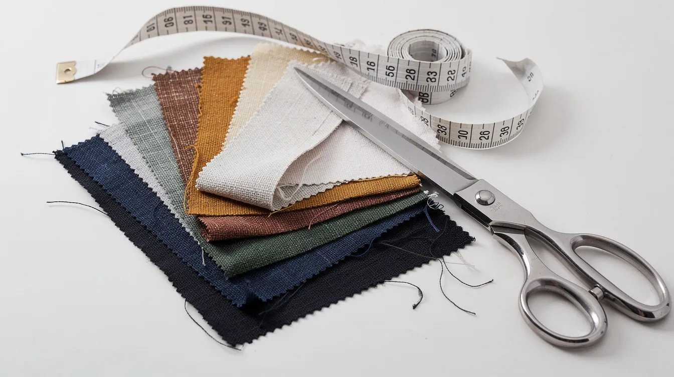 The image features an array of beautiful fabric swatches in various colors, neatly arranged beside a measuring tape and a pair of scissors, perfect for sewing and quilting projects. This setup showcases quality fabrics ideal for small businesses and customers looking to create garments or craft items.