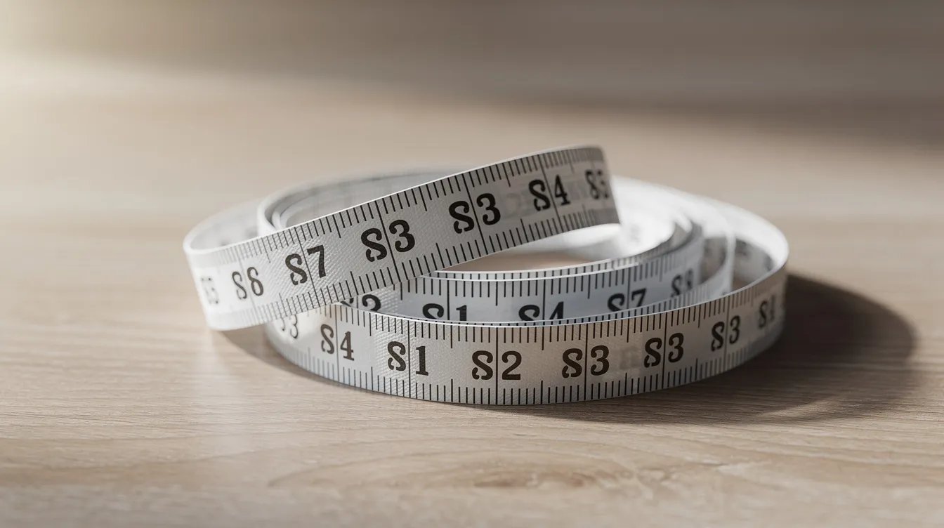A soft fabric measuring tape is coiled neatly on a light wooden surface, ready to assist in taking accurate bust measurements for determining the correct bra size and ensuring a properly fitted bra. The gentle texture of the tape contrasts with the smooth wood, creating a simple yet functional scene.