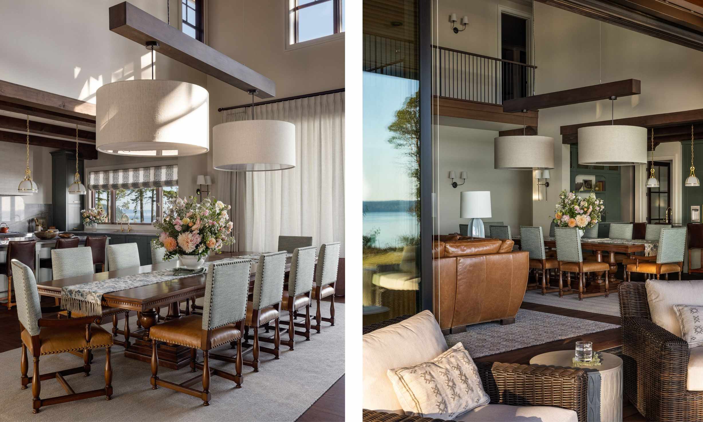 Two images of a dining room in an open-plan home with a large wooden table and ten leather chairs, a gray carpet, and a wooden beam with two cream pendant lights suspended from it.