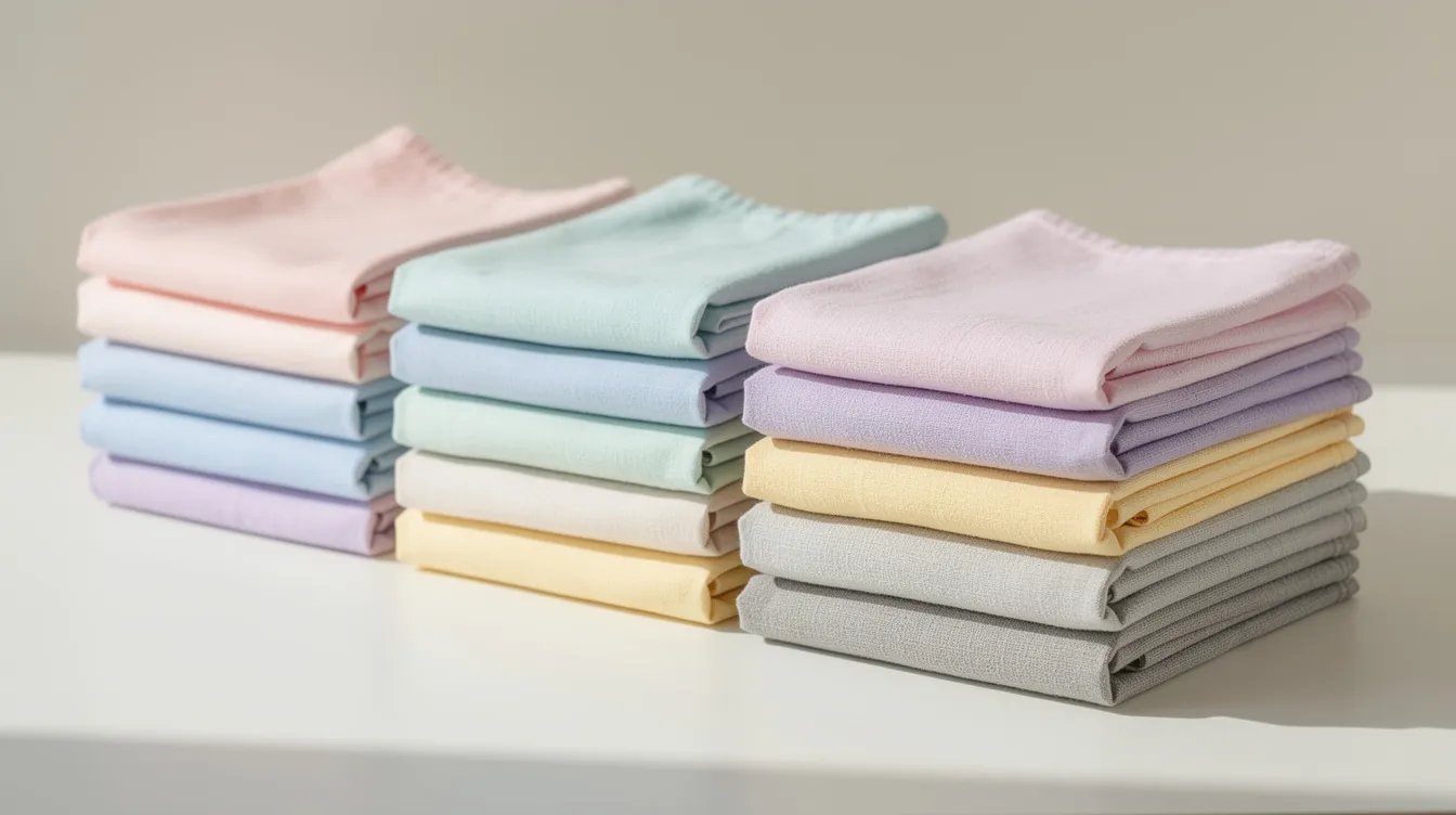 The image features neatly folded stacks of soft pastel cotton fabrics, showcasing quality materials perfect for sewing and quilting projects. These beautiful fabrics, ideal for small businesses and personal crafts, are organized and ready for purchase at a great price.